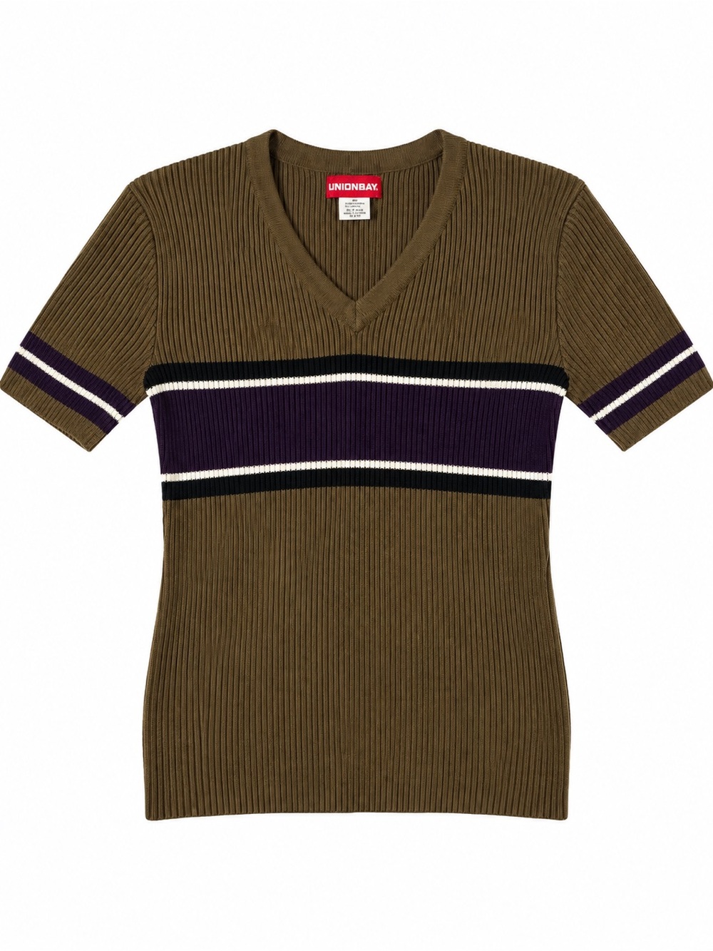 UNIONBAY Y2K Olive Ribbed V-Neck Sweater with Purple and Black Stripes medium